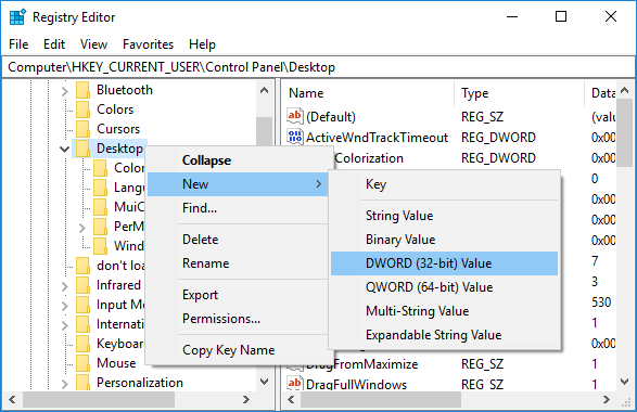 Right-click on Desktop then select New then select DWORD (32-bit) Value