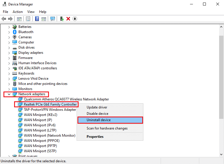 Right-click on Realtek PCIe Family Ethernet controller and select Uninstall from the menu