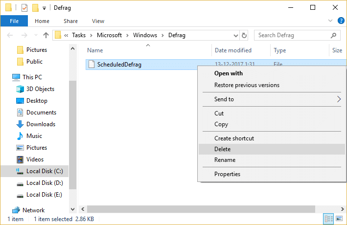 Right-click on ScheduledDefrag and select Delete
