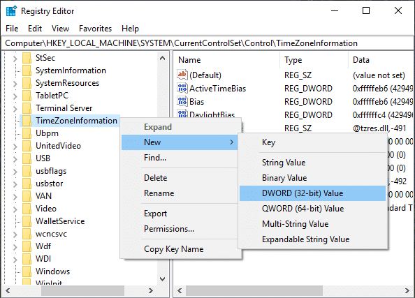 Right-click on TimeZoneInformation and select New then DWORD (32-bit) Value