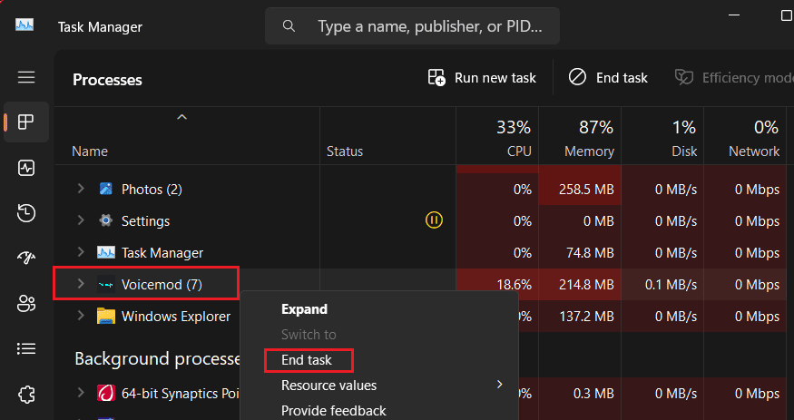 Right-click on Voicemod and select End task to kill all its background processes. | voicemod not working on discord