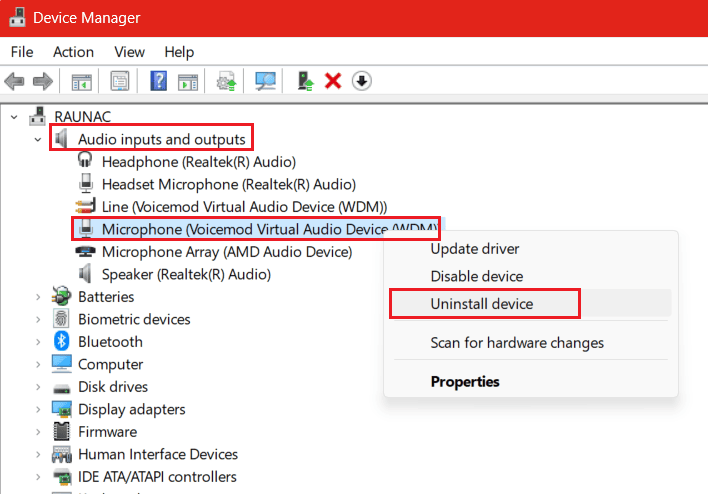 Right-click on the Microphone (Voicemod Virtual Audio Device (WDM)) and select Uninstall device. | voicemod not working on discord