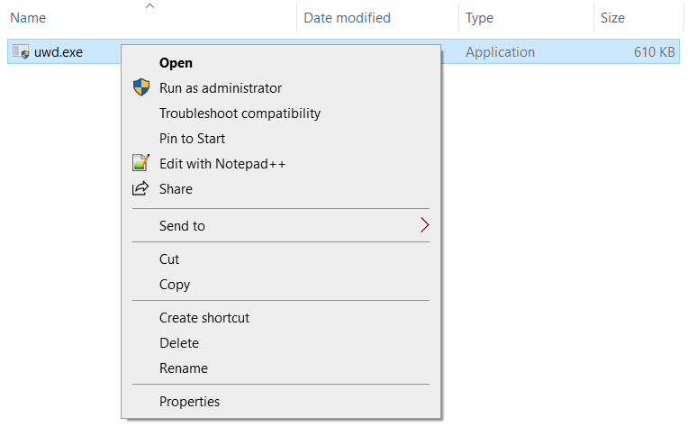 Right-click on the UWD.exe file and select Run as administrator