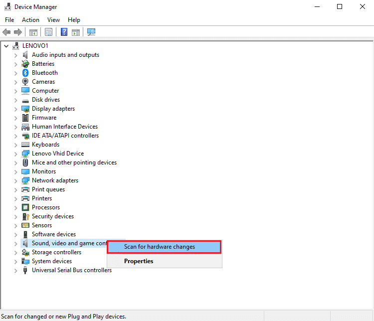 Right-click on the screen and select Scan for hardware changes | Fix Audio Stuttering in Windows 10