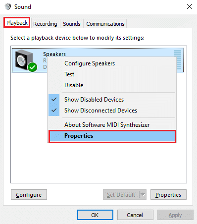 Right-click on your default playback device and click on Properties