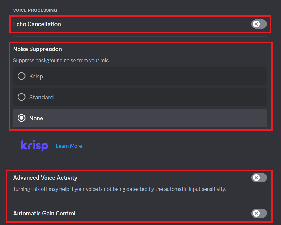 Scroll down, toggle off Echo Cancellation, Automatic Voice Activity, and Automatic Gain Control, and set Noise Suppression to None. | voicemod not working on discord