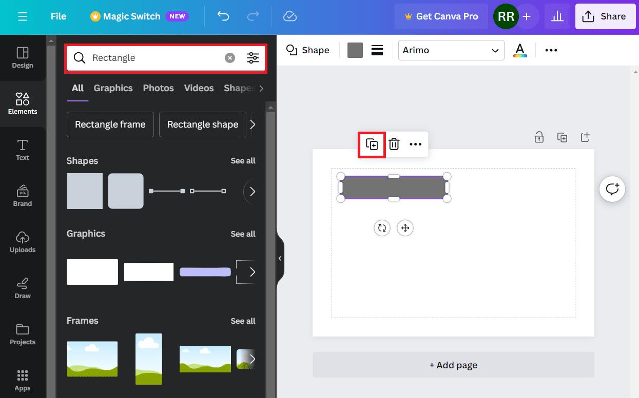 Search for Rectangle elements. Once added, click on the element within the design and then on the Duplicate icon | How to insert table in Canva