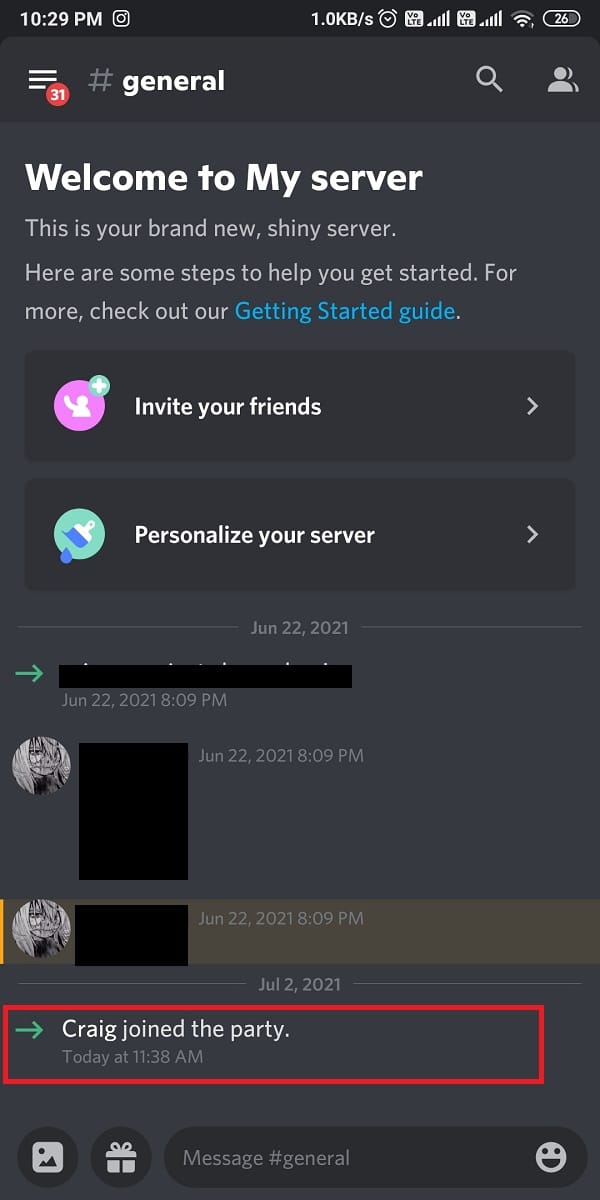 See the message that states Craig joined the party on your server screen