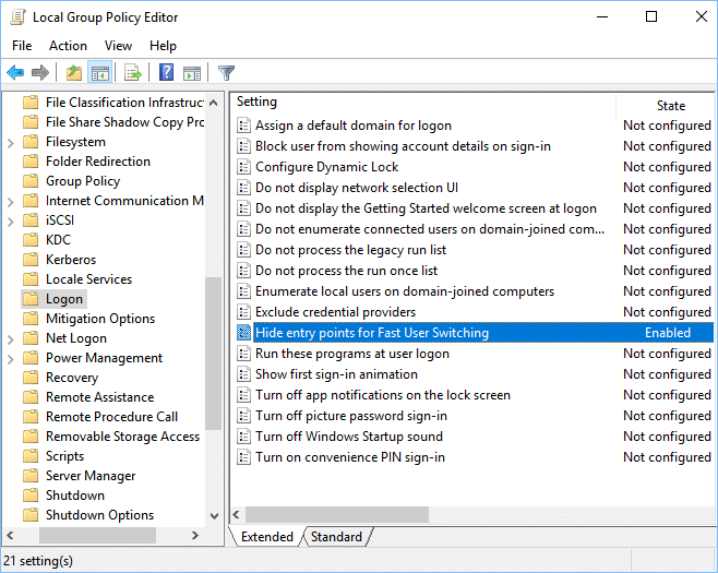 Select Logon then double-click on Hide entry points for Fast User Switching policy