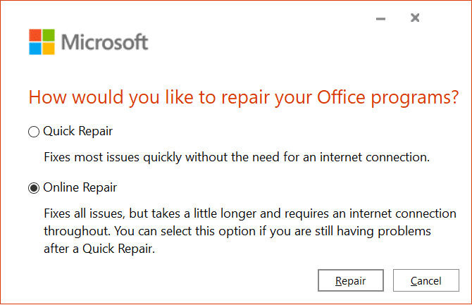 Select Online Repair to fix any issues with Microsoft Office