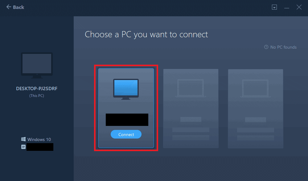 Select the name of the other PC and click on the Connect button on the screen