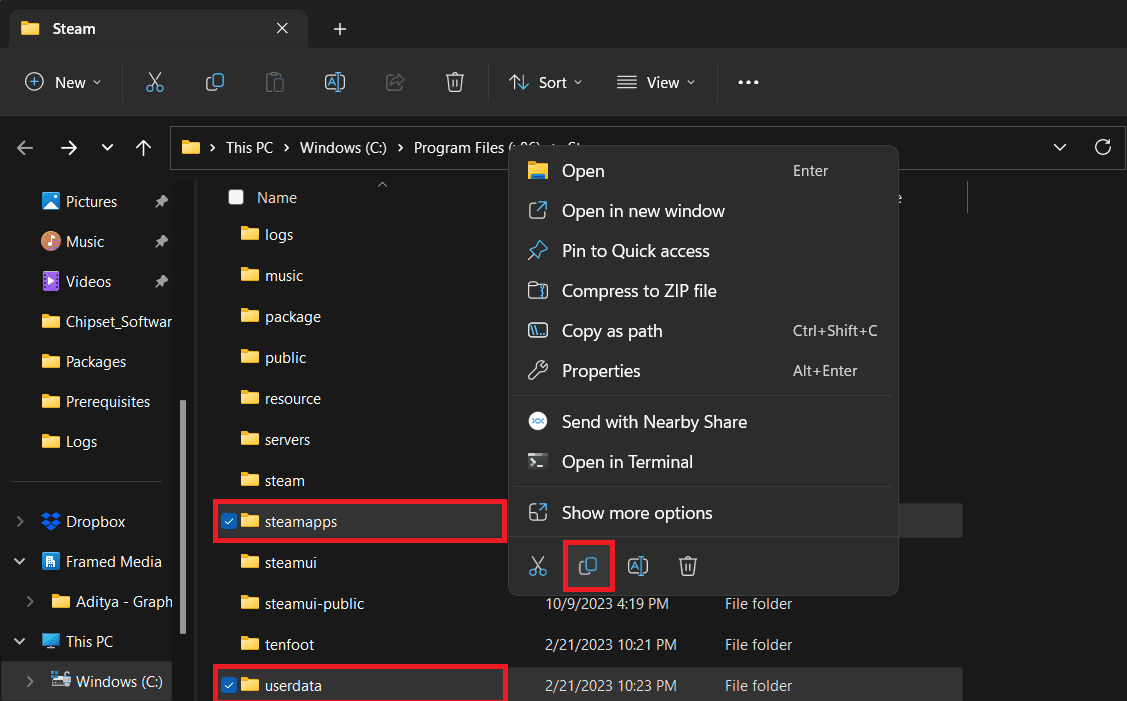 Select the steamapps & userdata folder and steam.exe file. Right-click on any of them and select the Copy icon. | Steam family sharing not working