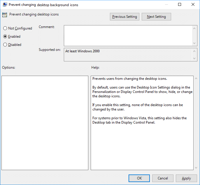 Set the Policy Prevent changing desktop icons to Enabled