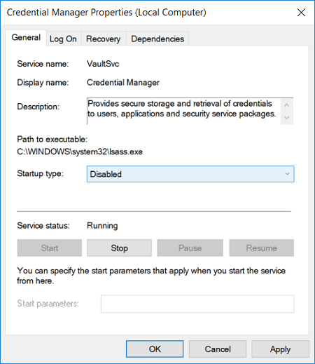 Set the Startup type to Disabled from the drop-down of Credential Manager Service