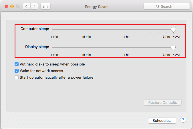 Set the sliders for Computer Sleep and Display Sleep to Never