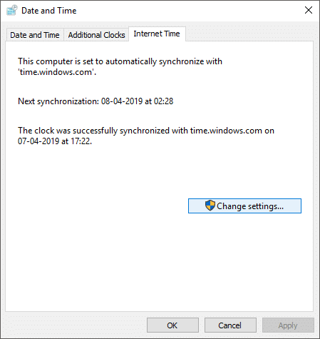 Switch to ‘Internet time’ tab and click on Change settings