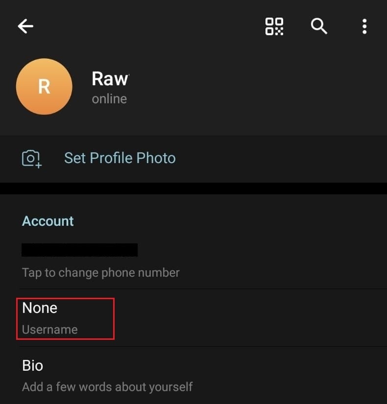 Tap on None in the Account section to set the username.