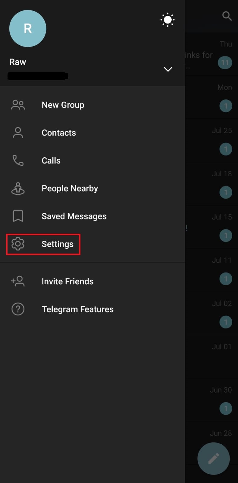 Tap on Settings in the menu. | How To Get My Telegram Profile Link
