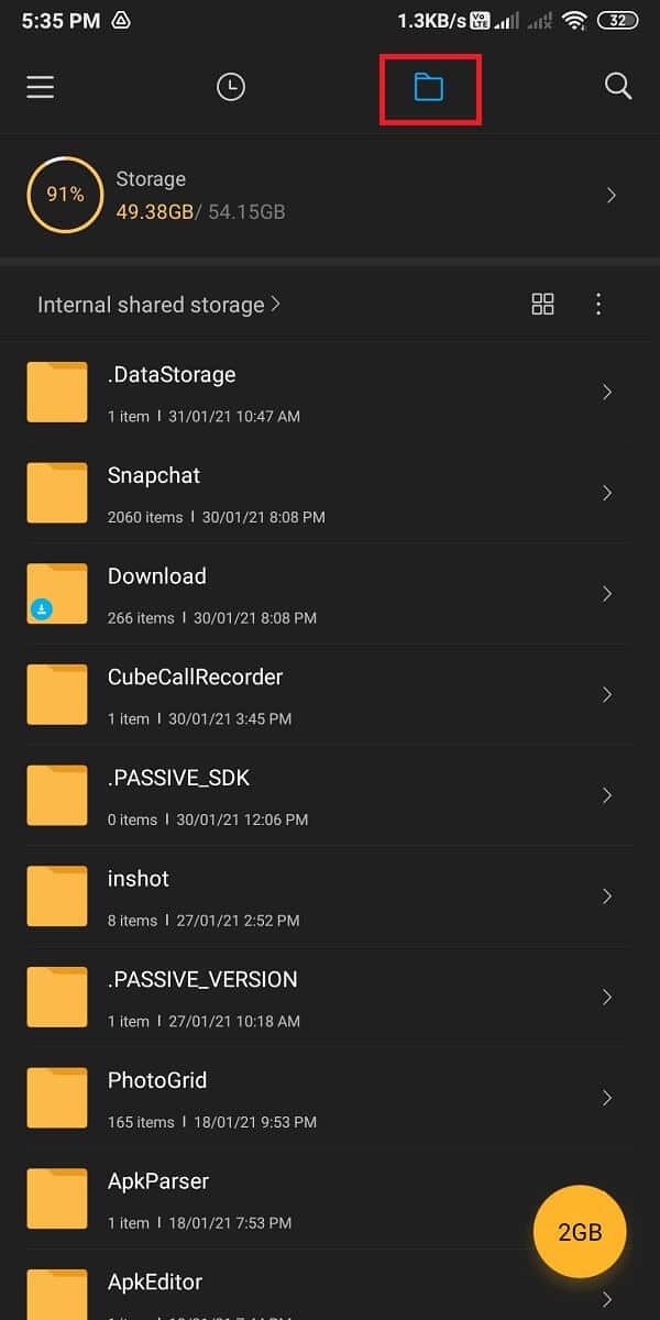 Tap on the Folder icon to access your storage