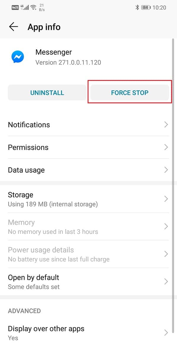 Tap on the Force stop button | Fix FACEBOOK Messenger waiting for network error
