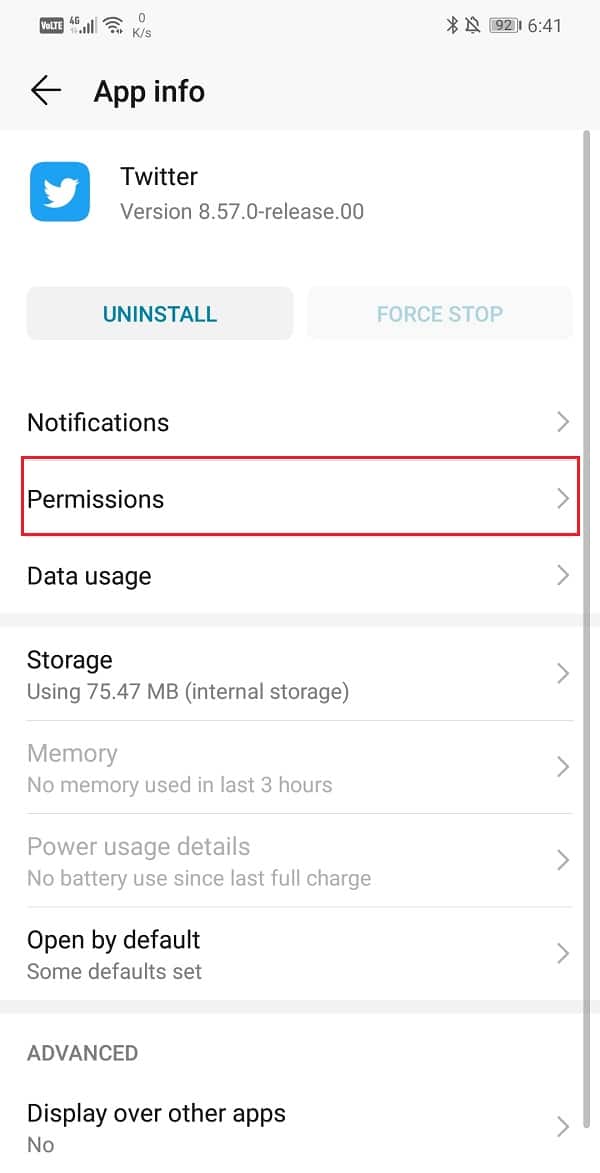 Tap on the Permissions option | Fix Twitter photos not loading=