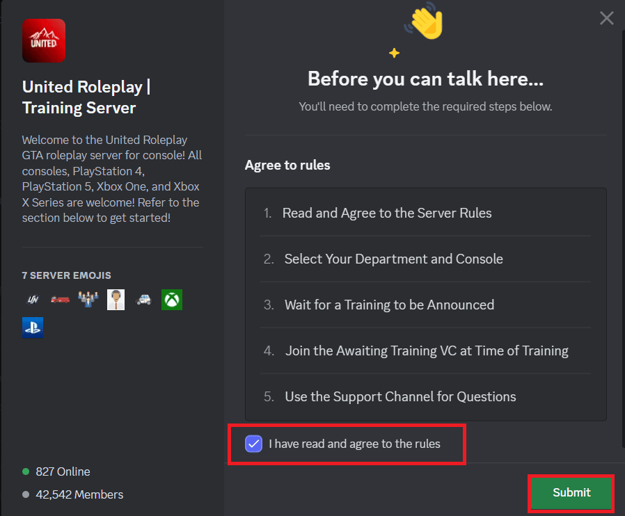 Tick the checkbox next to I have read and agree to the rules and click on Submit. | How to play GTA RP on PS4