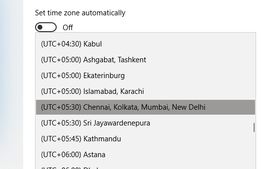 Turn off automatic time zone & set it manually to Fix Windows 10 Clock Time Wrong