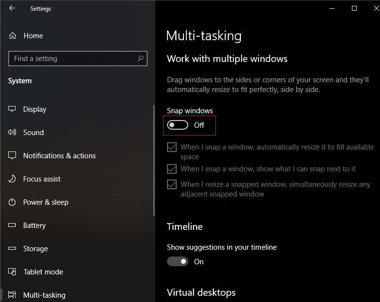 Turn on the toggle switch located under ‘Snap Windows’