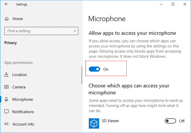 Turn on the toggle under Allow apps to access your microphone