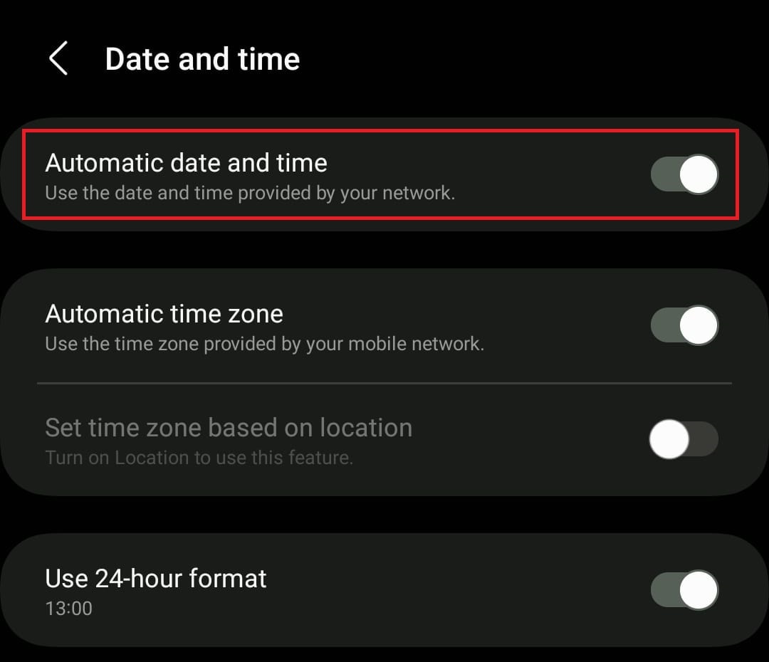 Turn the toggle on for Automatic date and time