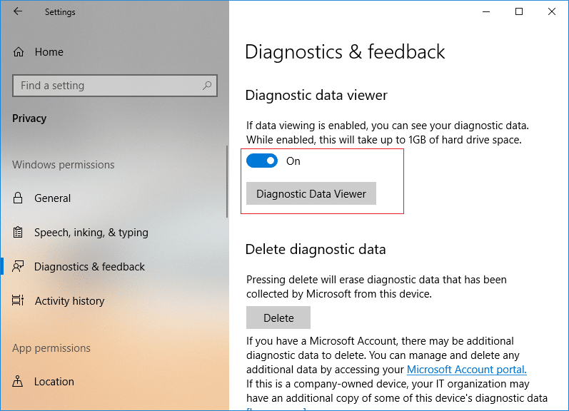 Under Diagnostic Data Viewer make sure to turn ON or enable the toggle
