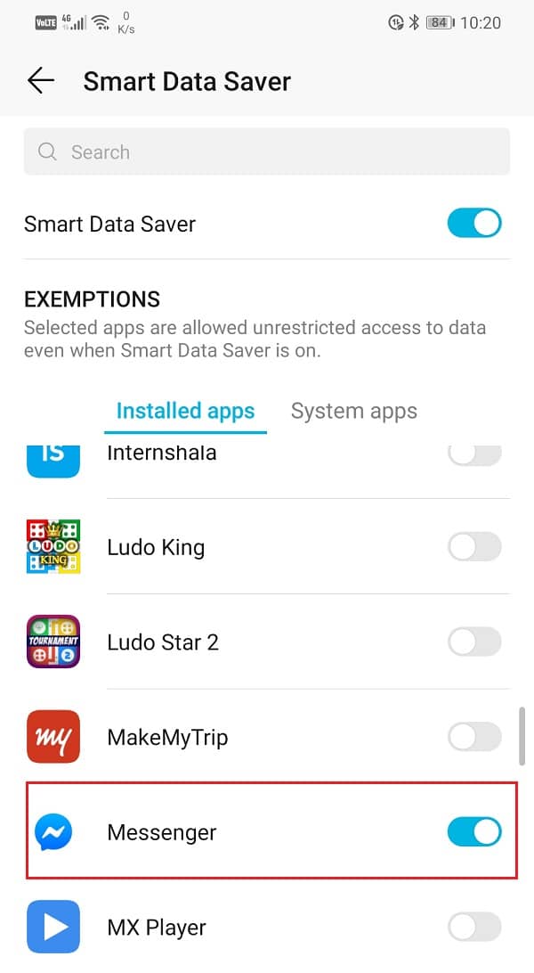 Under Exemptions select Installed apps and search for Messenger | Fix Messenger waiting for network error