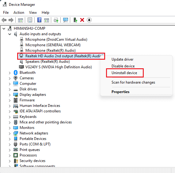 Uninstall device Realtek audio driver