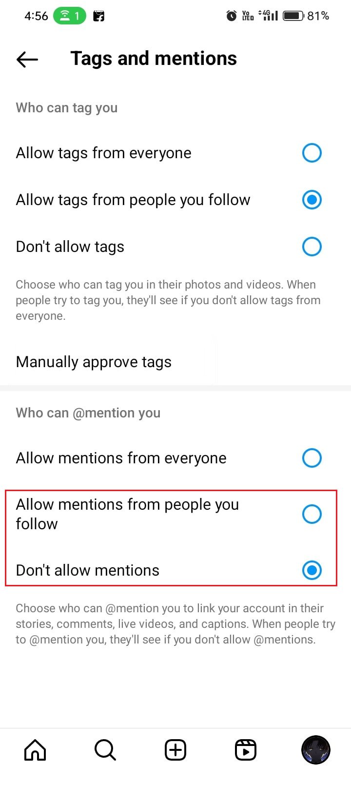 Who can @mention you section - Don't allow mentions or Allow mentions from people you follow radio button