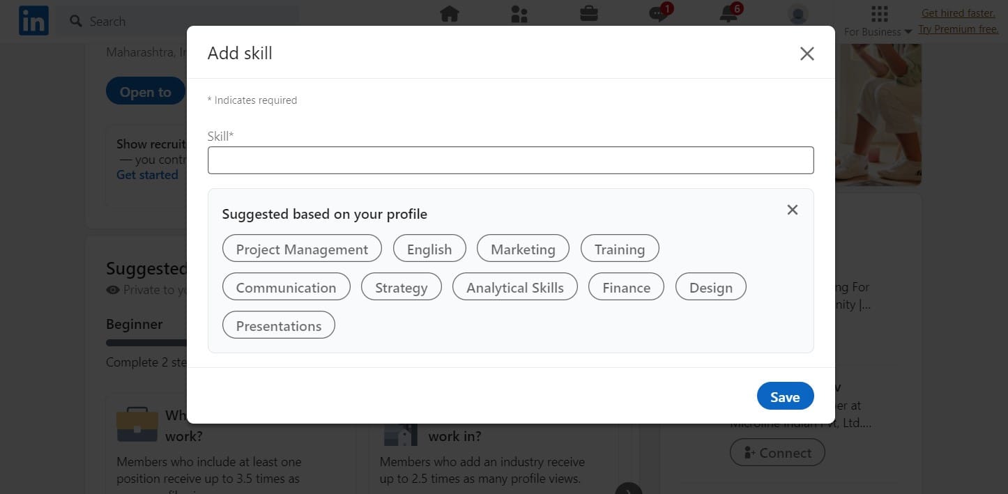 access the Add skills menu on your profile, specifically in the Add profile section