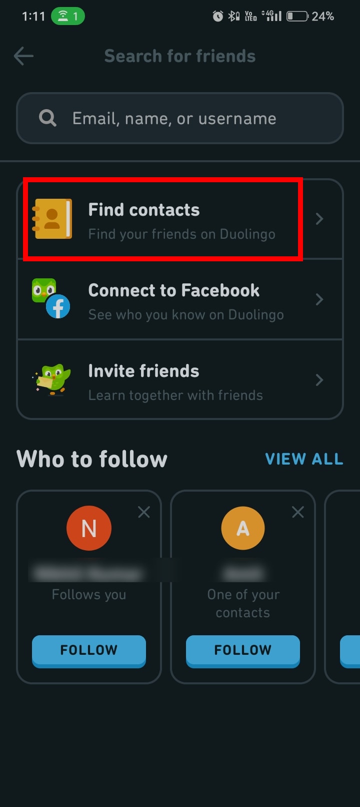 Among the four options, tap on Find contacts
