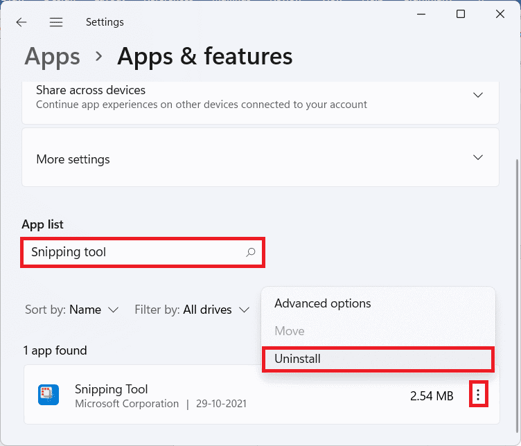Apps & features section in the Settings app.
