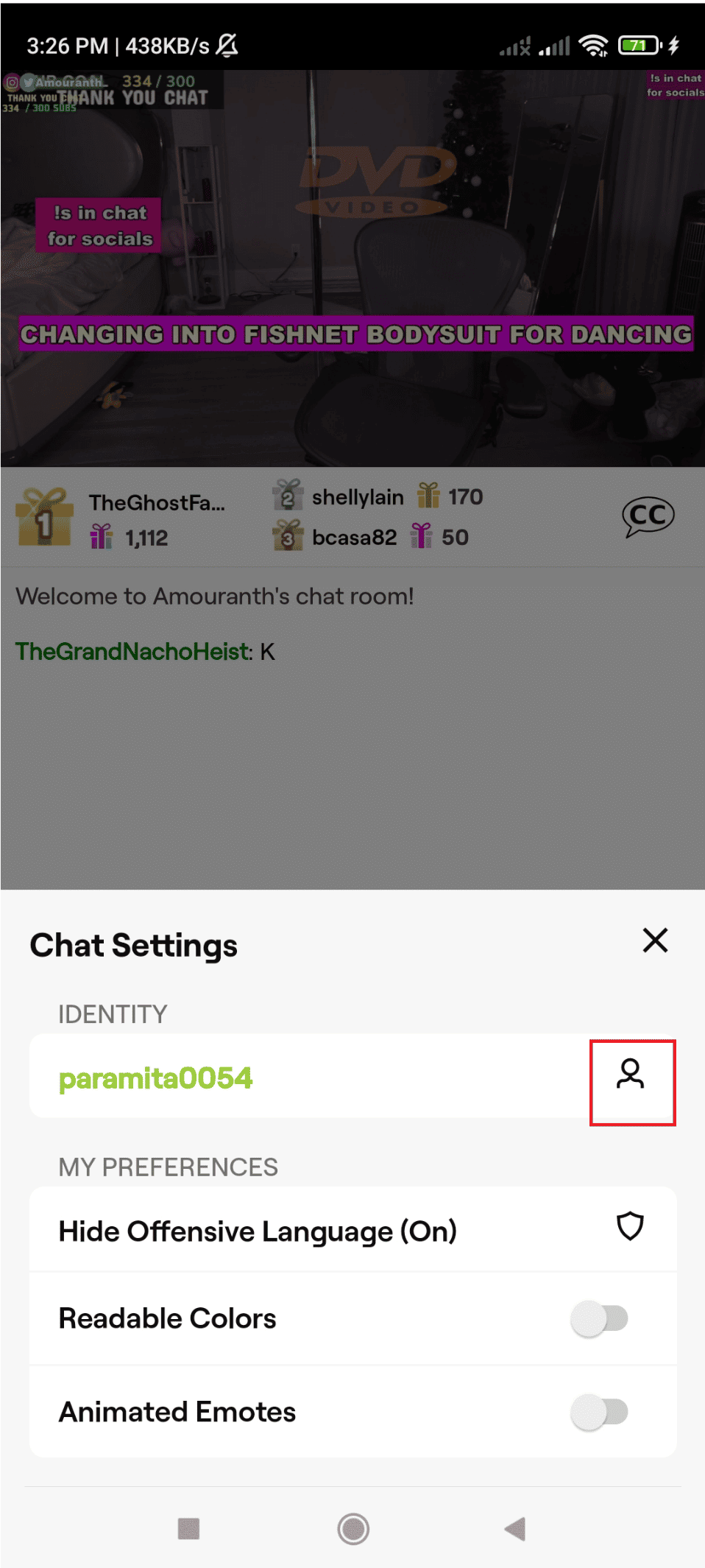 Chat setting and tap on IDENTITY icon. How to Change Twitch Chat Color on Mobile