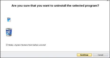 Check the box next to Make a System Restore Point before uninstall and click Continue in the prompt window.