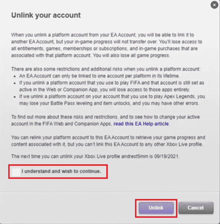 Check the option I understand and wish to continue and click on Unlink in the pop-up