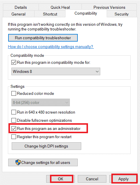 check the Run this program as an administrator option under the Settings section