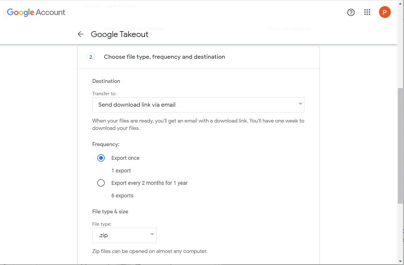 choose destination in transfer to, frequency, and file types and size