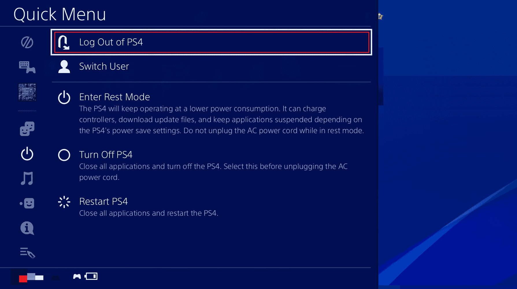 choose the Log Out of PS4 option