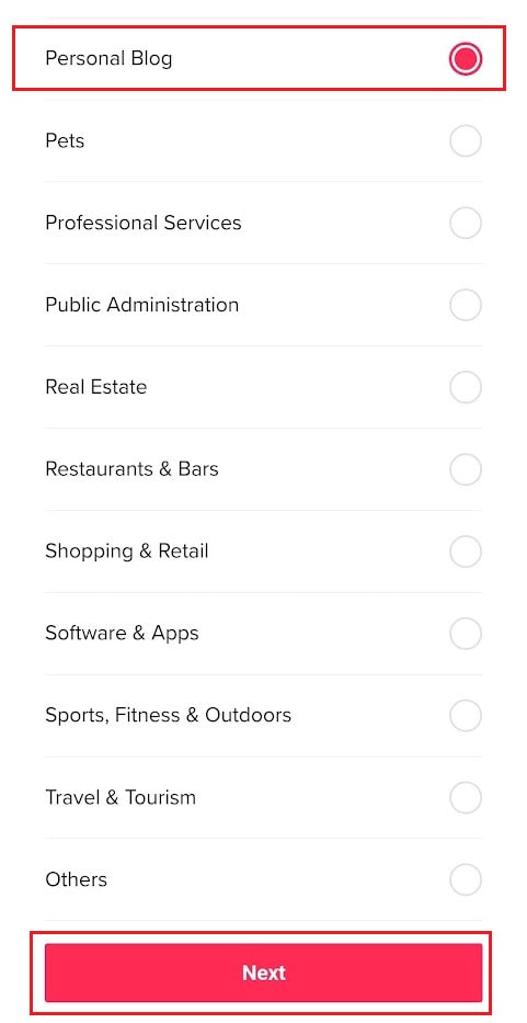 choose the desired category for your business account and tap on Next