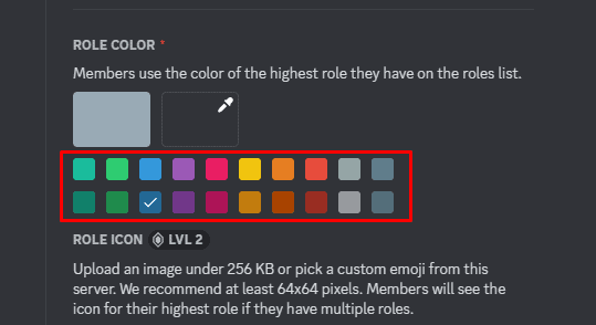 Choose the desired color from the color picker or manually input a HEX code in the Role Color box.