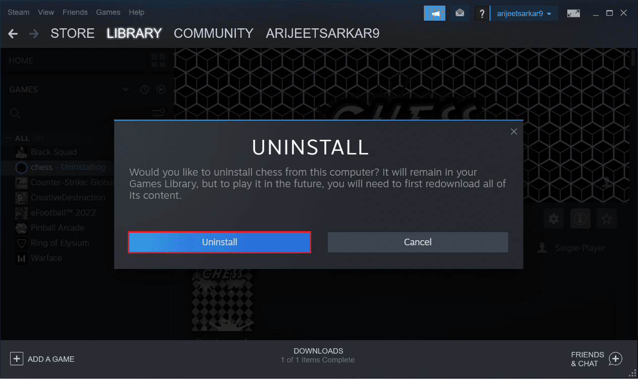 click on UNINSTALL to confirm uninstalling a game in Steam