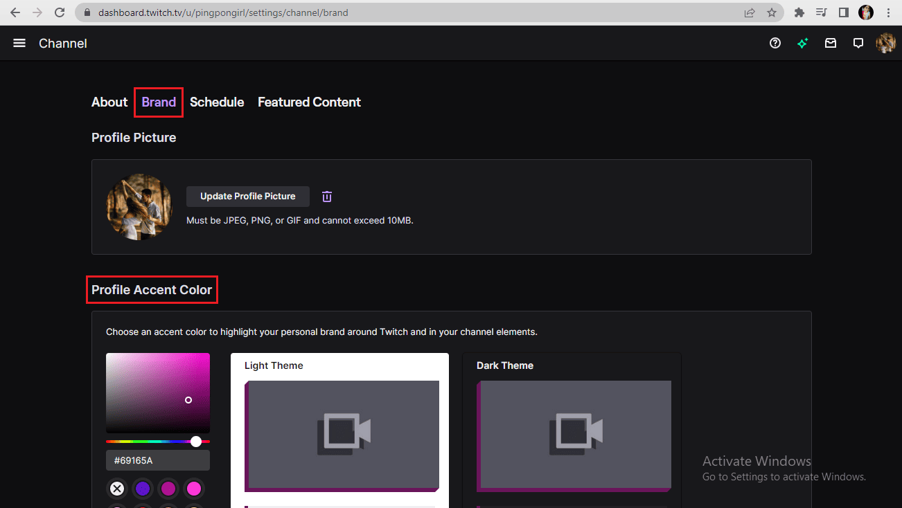 Click on Brand. Head to Profile Accent Color to change the Twitch name color according to your choice. 