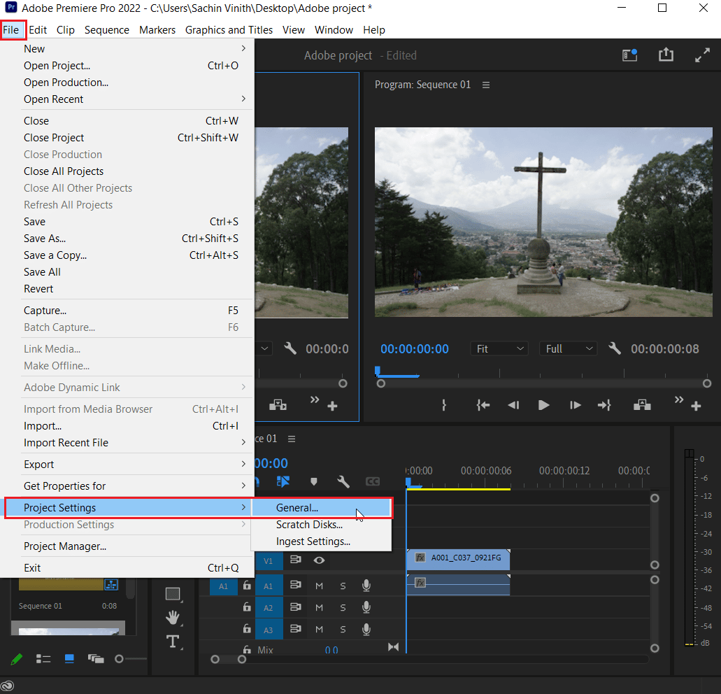 click on project settings and select general option | Premiere Pro playback resolution greyed out