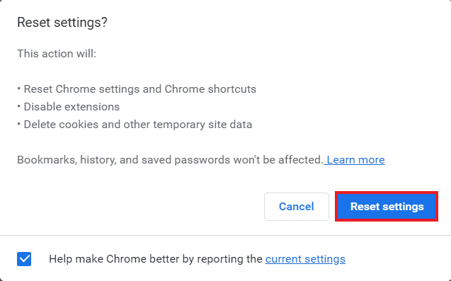 Click on Reset settings 