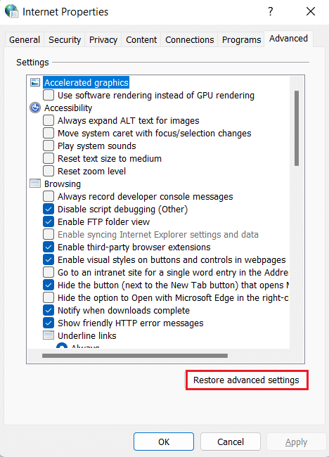 Click on Restore advanced settings 